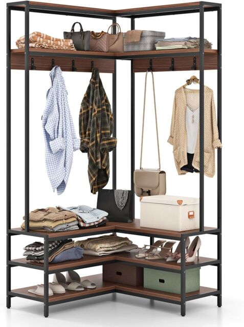 Gymax L-shaped Clothes Rack Corner Shoe Bench With Open Shelves & 7 Hooks in Dark Brown - image 1