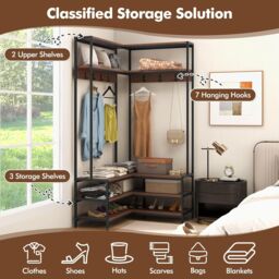 Gymax L-shaped Clothes Rack Corner Shoe Bench With Open Shelves & 7 Hooks in Dark Brown - thumbnail 2
