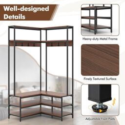 Gymax L-shaped Clothes Rack Corner Shoe Bench With Open Shelves & 7 Hooks in Dark Brown - thumbnail 5