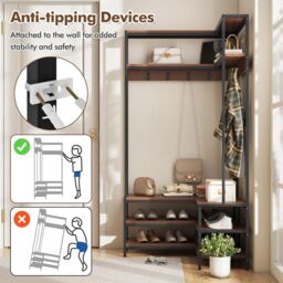 Gymax L-shaped Clothes Rack Corner Shoe Bench With Open Shelves & 7 Hooks in Dark Brown - thumbnail 6