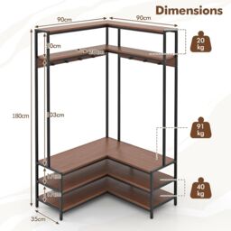 Gymax L-shaped Clothes Rack Corner Shoe Bench With Open Shelves & 7 Hooks in Dark Brown - thumbnail 3
