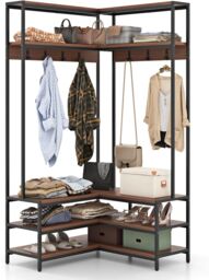Gymax L-shaped Clothes Rack Corner Shoe Bench With Open Shelves & 7 Hooks in Dark Brown