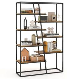 Costway Tall Bookshelf 7-Tier Industrial Etagere Bookcase Display Rack in Brown - thumbnail 3
