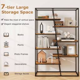 Costway Tall Bookshelf 7-Tier Industrial Etagere Bookcase Display Rack in Brown - thumbnail 8