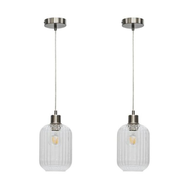 First Choice Lighting Set of 2 Batley - Clear Ribbed Glass with Satin Nickel Pendant Fitting - image 1