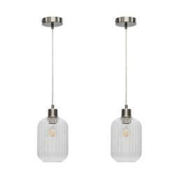 First Choice Lighting Set of 2 Batley - Clear Ribbed Glass with Satin Nickel Pendant Fitting - thumbnail 1
