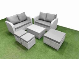 Fimous 7 Seater Outdoor Love Sofa Set Rattan Garden Furniture Set with Rectangular Coffee Table 3 Footstool Light Grey - thumbnail 1