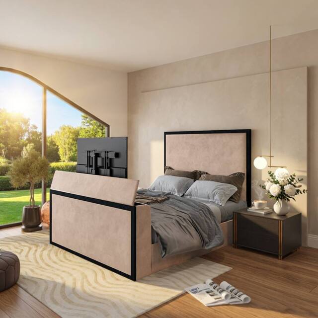 KDMD Adsborough Upholstered Electric Media Mink TV Bed Frame in Beige - Size: Single - image 1