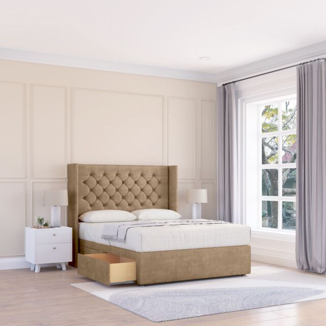 "Sloomy Dior Naples Wingback Bed Set, 2 Drawers & 54"" Floor Standing Headboard in Light Brown - Size: King" - image 1