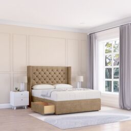 "Sloomy Dior Naples Wingback Bed Set, 2 Drawers & 54"" Floor Standing Headboard in Light Brown - Size: King" - thumbnail 1