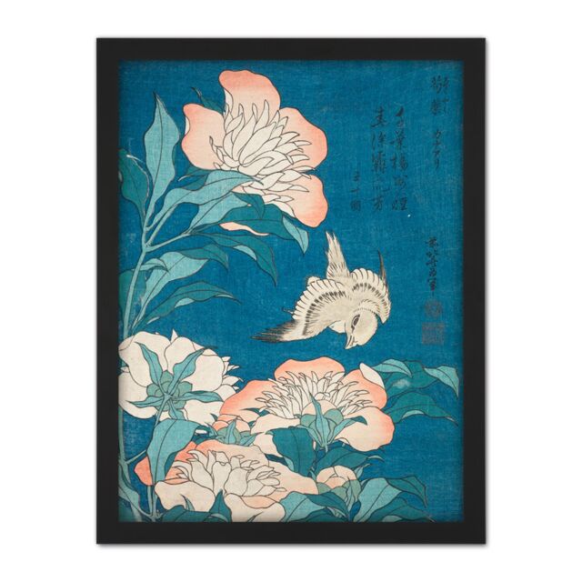 "Artery8 Wall Art Print Katsushika Hokusai Peonies & Canary Large Framed Wall Décor Art in Black - Size: W18"" x H24""" - image 1