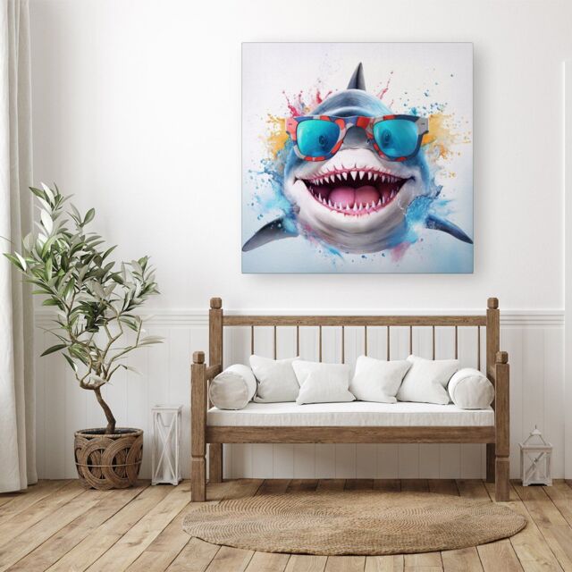 "Warren Reed - Designer Splashart Shark In Glasses Canvas - Size: W30"" x H30""" - image 1
