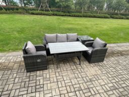 Fimous Wicker Rattan Garden Furniture Set Outdoor Rectangular Dining Table & Chair Sofa Set With Side Table in Dark Grey - thumbnail 2