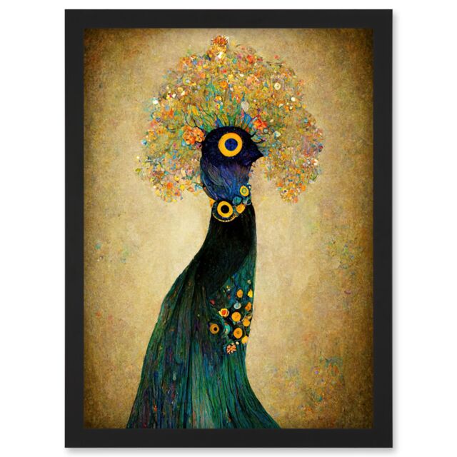 Artery8 Elegant Peacock Portrait In Emerald & Gold Gustav Klimt Artwork Framed Wall Art Print A4 in Black - image 1