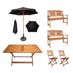 Samuel Alexander 6 Person Garden Table Chairs & 2 Benches with Black Parasol & Base - thumbnail 1