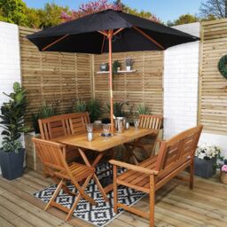 Samuel Alexander 6 Person Garden Table Chairs & 2 Benches with Black Parasol & Base - thumbnail 2