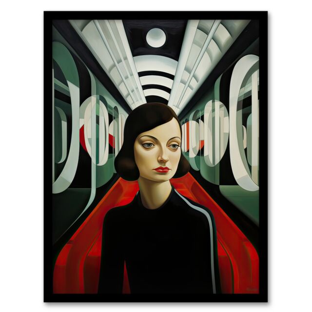 Artery8 Wall Art Print Futuristic Train Ride Oil Painting Black Red Green Modern Art Deco Woman Portrait Artwork Framed - Size: A4 - image 1