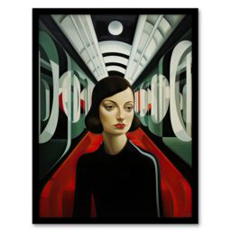 Artery8 Wall Art Print Futuristic Train Ride Oil Painting Black Red Green Modern Art Deco Woman Portrait Artwork Framed - Size: A4 - thumbnail 1