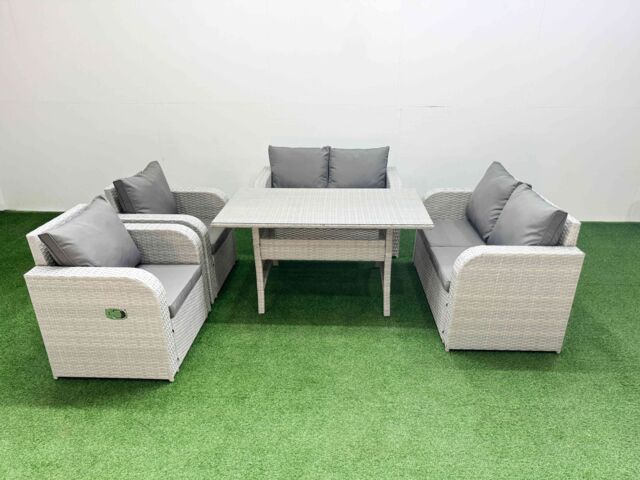 Fimous 6 Seater Outdoor Reclining Chair Love Sofa Set Rattan Garden Furniture Set with Rectangular Dining Table Light Grey - image 1