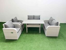 Fimous 6 Seater Outdoor Reclining Chair Love Sofa Set Rattan Garden Furniture Set with Rectangular Dining Table Light Grey - thumbnail 2