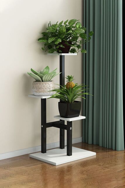 Living and Home 3 Tiered Wooden Plant Stand w/ White Shelves & Black Frame for Balcony, Living Room, Garden - Storage Organizer for Pots, Books & - image 1