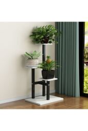 Living and Home 3 Tiered Wooden Plant Stand w/ White Shelves & Black Frame for Balcony, Living Room, Garden - Storage Organizer for Pots, Books & - thumbnail 2