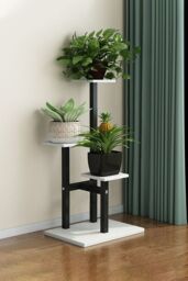 Living and Home 3 Tiered Wooden Plant Stand w/ White Shelves & Black Frame for Balcony, Living Room, Garden - Storage Organizer for Pots, Books &
