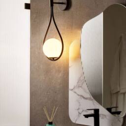 Wyld and Coco Wall Lamp Black Powder Coat Iron Base Tear Form Glass Shade - thumbnail 1