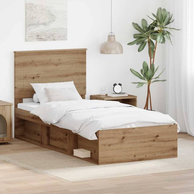 Berkfield Home Bed Frame Artisian Oak 90 x 200 cm Solid Pine Wood in Brown - image 1