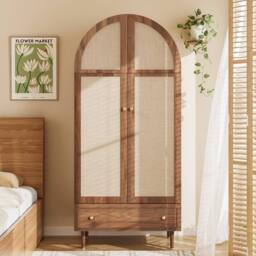 BTM Fabric Door Wardrobe with Drawer, Walnut Look in Brown - thumbnail 4