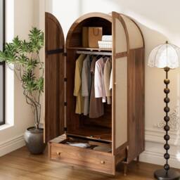 BTM Fabric Door Wardrobe with Drawer, Walnut Look in Brown - thumbnail 8
