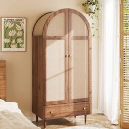 BTM Fabric Door Wardrobe with Drawer, Walnut Look in Brown - thumbnail 1