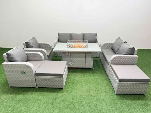 Fimous PE Rattan Garden Furniture Set Reclining Chair Sofa Double Love Seat 2 Seater Sofa Lounge Set Firepit Dining Table 2 Big Footstool Light Grey - image 1