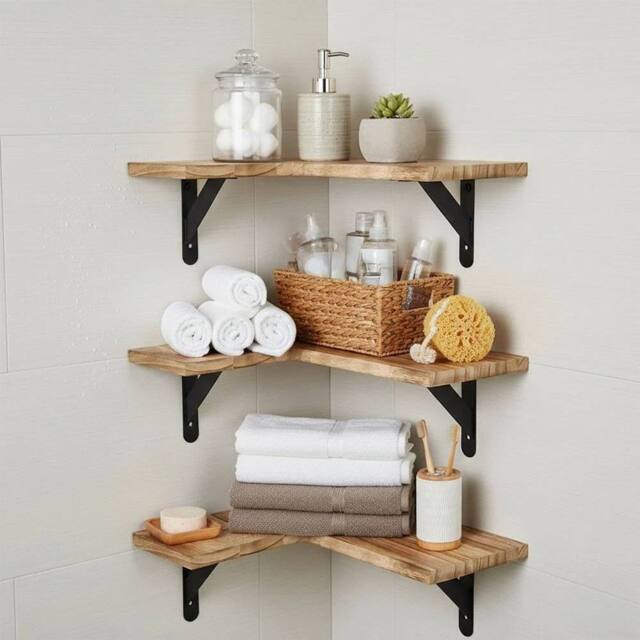 EONLION Shelves L-Shape Corner Wall Mounted Bathroom in Brown - image 1