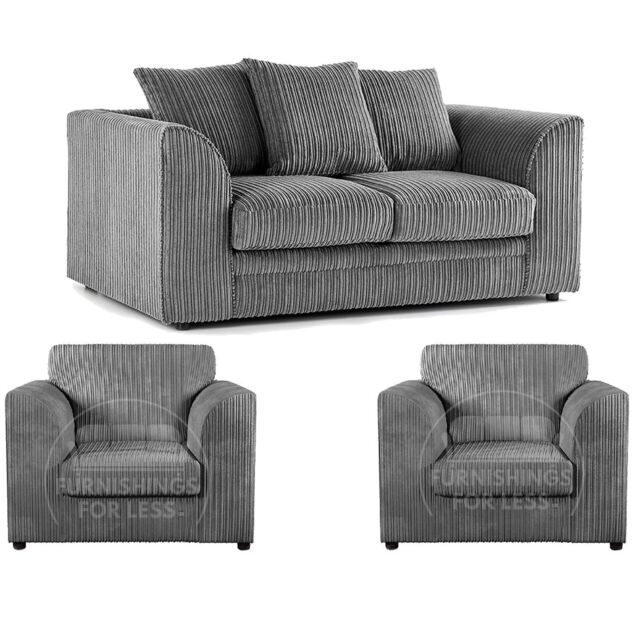 Furnishings For Less UK Luxor Jumbo Cord 2 + 1 + 1 Fabric 3 Piece Sofa Suite - Scatter Back in Grey - image 1