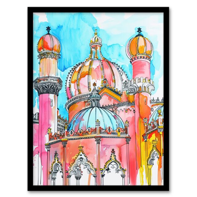 Artery8 Colourful Brighton Royal Pavilion Watercolour Framed Wall Art in Blue - Size: A4 - image 1