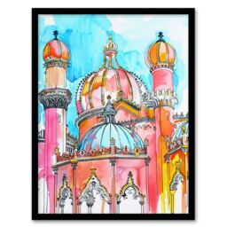 Artery8 Colourful Brighton Royal Pavilion Watercolour Framed Wall Art in Blue - Size: A4 - thumbnail 1