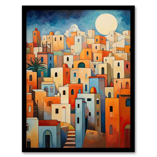 Artery8 Wall Art Print Abstract Morocco Cityscape in Orange & Blue Framed Art Picture - Size: A4 - image 1