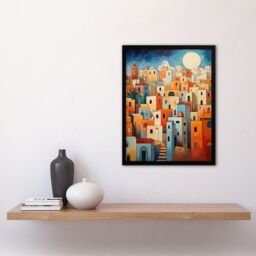 Artery8 Wall Art Print Abstract Morocco Cityscape in Orange & Blue Framed Art Picture - Size: A4 - thumbnail 4