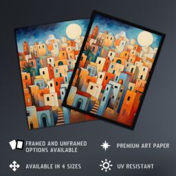 Artery8 Wall Art Print Abstract Morocco Cityscape in Orange & Blue Framed Art Picture - Size: A4 - thumbnail 2