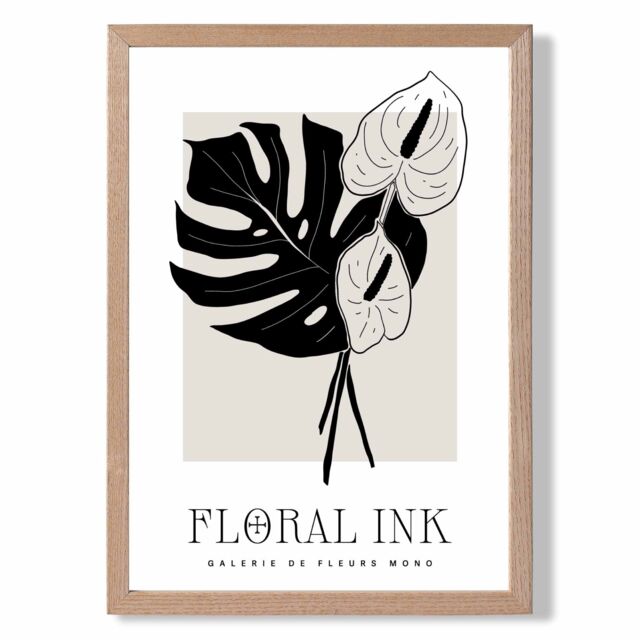 ARTZE Arum Lillies in Black & Beige Floral Ink Sketch Framed Print SIZE: A4 with Oak Frame - image 1