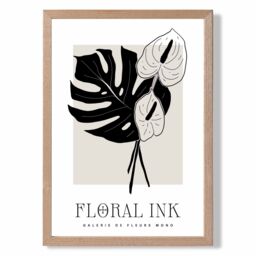 ARTZE Arum Lillies in Black & Beige Floral Ink Sketch Framed Print SIZE: A4 with Oak Frame - thumbnail 1