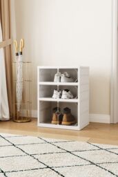 Living and Home 3-Tier Foldable Shoe Storage Rack Shoes Organizer Cabinet with Doors in White - thumbnail 1