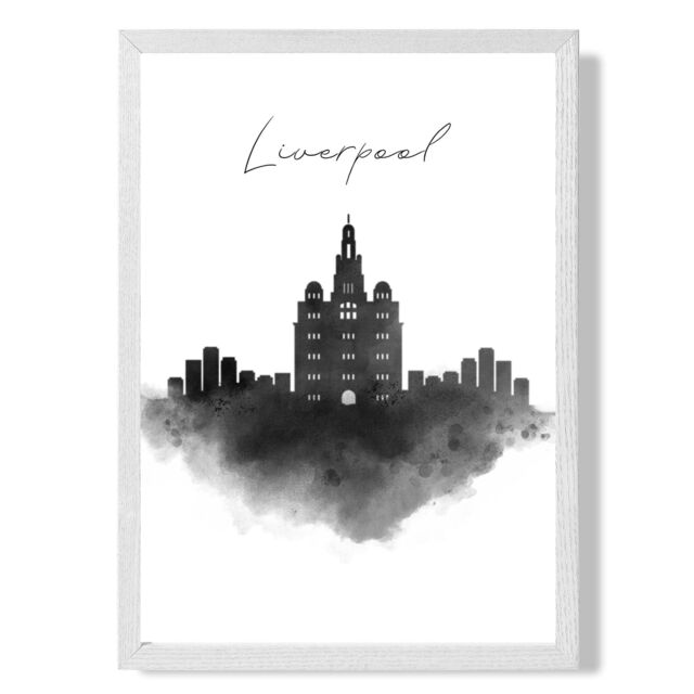 ARTZE Liverpool Watercolour Skyline City Framed Print SIZE: A4 with White Frame in Black - image 1