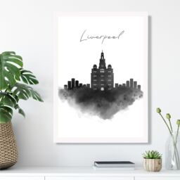 ARTZE Liverpool Watercolour Skyline City Framed Print SIZE: A4 with White Frame in Black - thumbnail 2