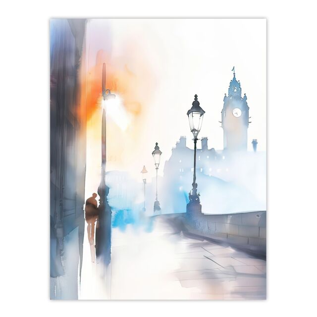 "Artery8 Misty Edinburgh Sunrise Bright Watercolour Wall Art Print in White - Size: W12"" x H16""" - image 1
