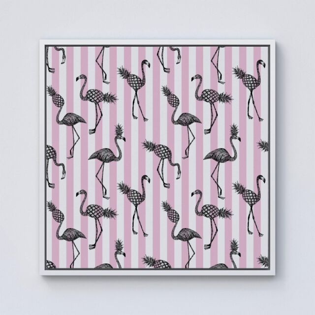 "Warren Reed - Designer Pineapple Flamingo Framed Canvas in Off-White - Size: W16"" x H16""" - image 1