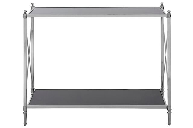 Orsina Black Mirrored Glass Console Table, 2 Tier Nickel Finish Frame Console Stand, Stainless Steel Hallway Table in Silver - image 1