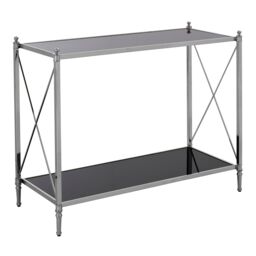 Orsina Black Mirrored Glass Console Table, 2 Tier Nickel Finish Frame Console Stand, Stainless Steel Hallway Table in Silver - thumbnail 2