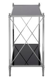 Orsina Black Mirrored Glass Console Table, 2 Tier Nickel Finish Frame Console Stand, Stainless Steel Hallway Table in Silver - thumbnail 3